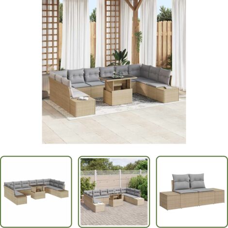 Sofá de jardín exterior -  Conjunto de sofá de jardín con cojín 11 pcs beige y gris claro