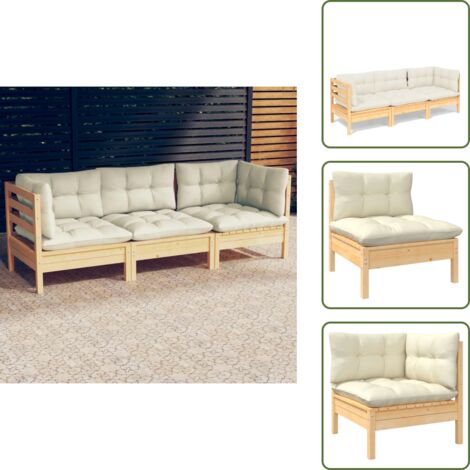Sofá de jardín modular - vidaXL Sofá de jardín de 3 plazas con cojines madera maciza pino crema - Sofá de jardín 3 plazas