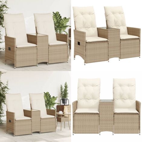 Sofá de jardín reclinable de 2 plazas con mesa ratán PE beige - Sofá reclinable - Mesa central