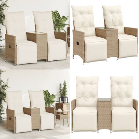 Sofá de jardín reclinable de 2 plazas con mesa ratán PE beige - Sofá reclinable - Mesa central