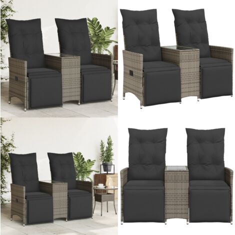 Sofá de jardín reclinable de 2 plazas con mesa ratán PE gris - Sofá reclinable - Mesa central