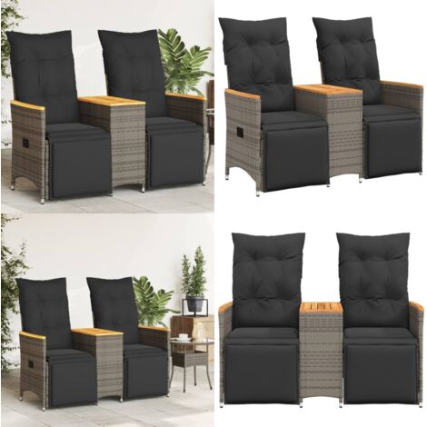 Sofá de jardín reclinable de 2 plazas con mesa ratán PE gris - Sofá reclinable - Mesa central
