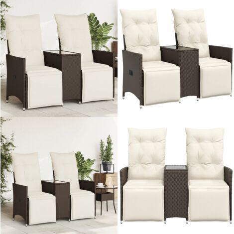 Sofá de jardín reclinable de 2 plazas con mesa ratán PE marrón - Sofá reclinable - Mesa central