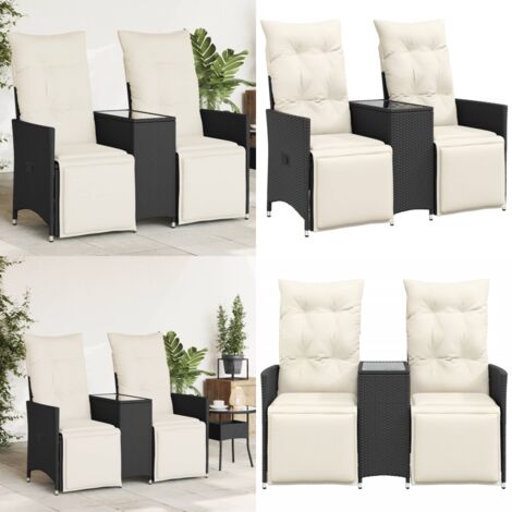 Sofá de jardín reclinable de 2 plazas con mesa ratán PE negro - Sofá reclinable - Mesa central