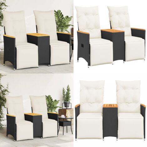 Sofá de jardín reclinable de 2 plazas con mesa ratán PE negro - Sofá reclinable - Mesa central