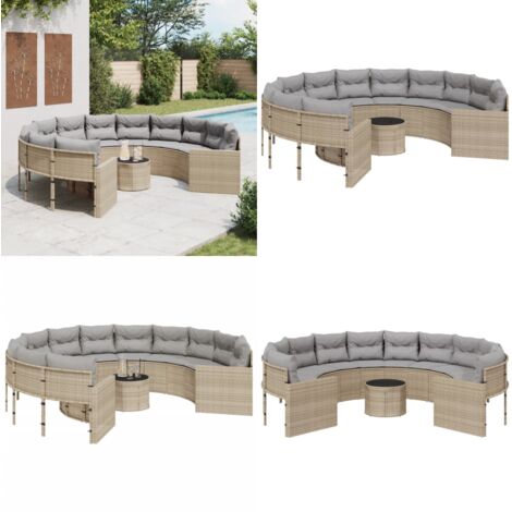 Sofá de jardín redondo con mesa y cojines ratán PE beige - Mesa de jardín - Cojines para sofá