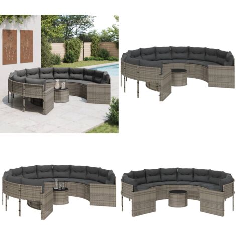 Sofá de jardín redondo con mesa y cojines ratán PE gris - Mesa de jardín - Cojines para sofá