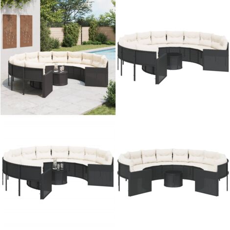 Sofá de jardín redondo con mesa y cojines ratán PE negro - Mesa de jardín - Cojines para sofá