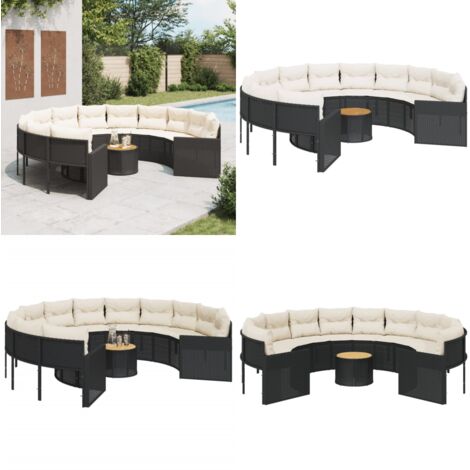Sofá de jardín redondo con mesa y cojines ratán PE negro - Mesa de jardín - Cojines para sofá