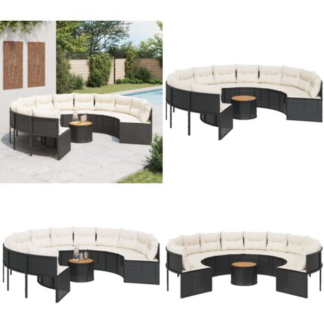Sofá de jardín redondo con mesa y cojines ratán PE negro - Mesa de jardín - Ratán sintético
