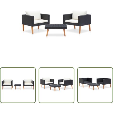 Sofá de jardín -  Set de muebles de jardín 3 pzas y cojines ratán sintético negro
