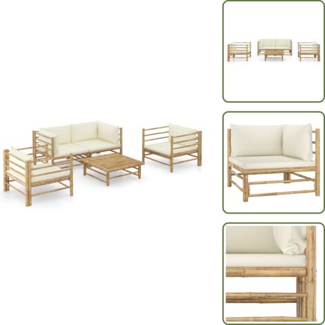 Sofá de jardín - vidaXL Set de muebles de jardín 5 piezas bambú y cojines blanco crema - Sillas de jardín
