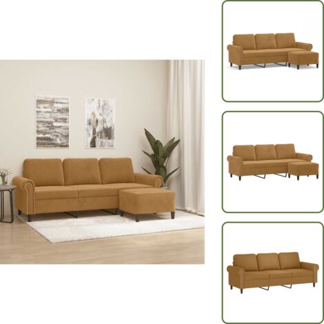 Sofá de madera - vidaXL Sofá de 3 plazas con taburete de terciopelo marrón 180 cm - Sofá moderno