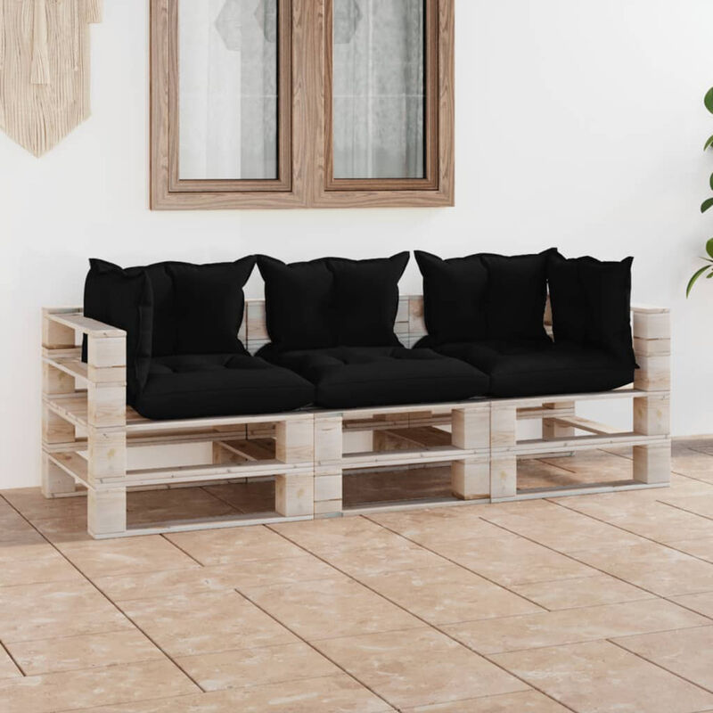 

Sofa de pales de 3 plazas para jardin con cojines madera pino