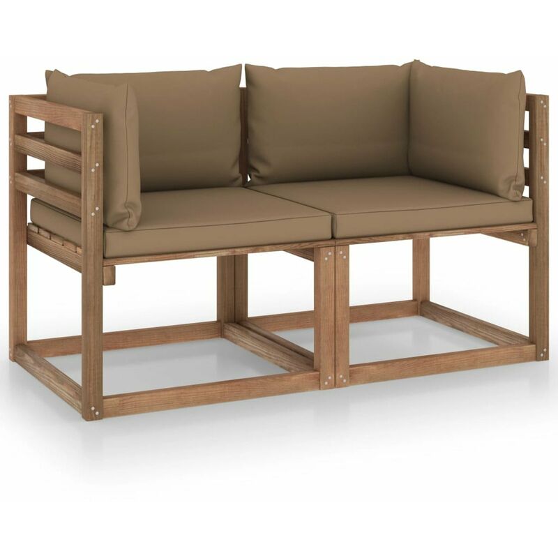 

Sofa de pales de jardin 2 plazas cojines gris taupe madera pino