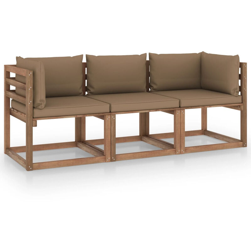 

Sofa de pales de jardin 3 plazas cojines gris taupe madera pino