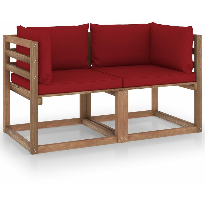 

Sofá de palets de jardín 2 plazas cojines rojo vino madera pino