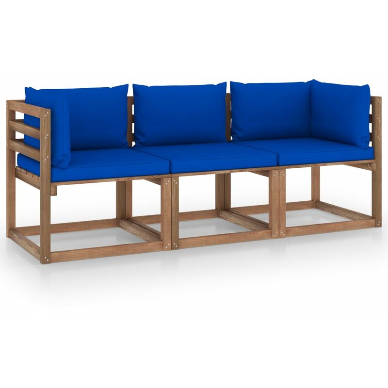 

Sofá de palets de jardín 3 plazas cojines azul madera de pino