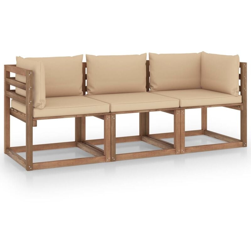 

Sofá de palets de jardín 3 plazas cojines beige madera de pino