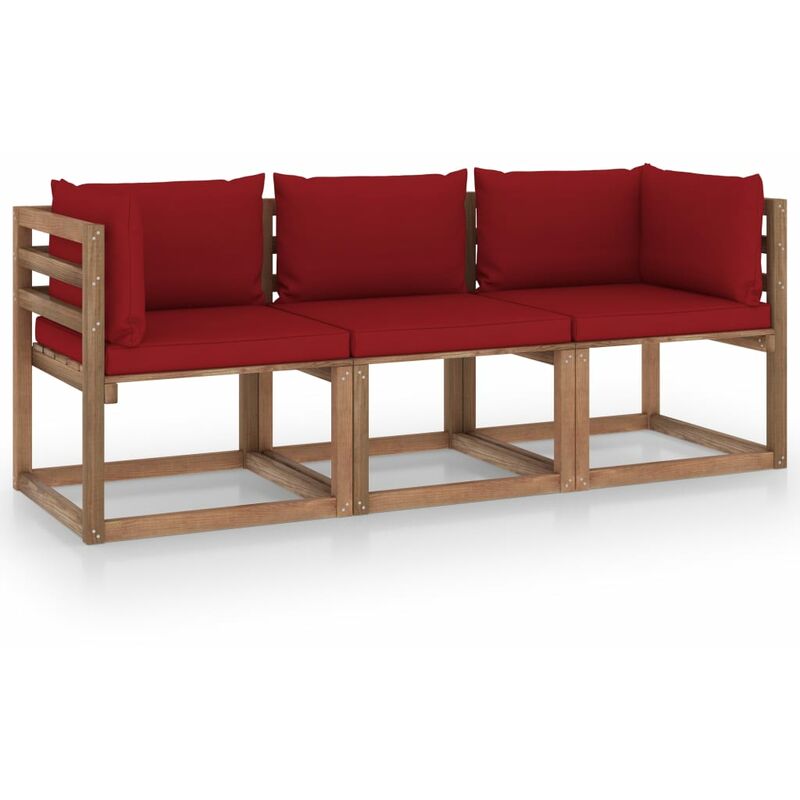 

Sofá de palets de jardín 3 plazas cojines rojo vino madera pino