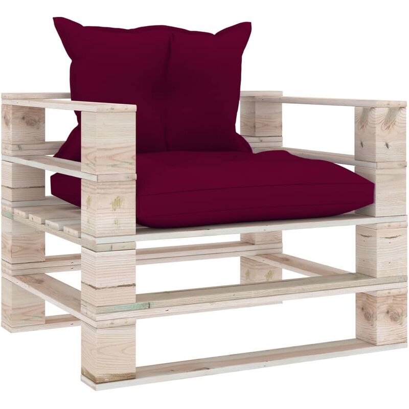 

Sofá de palets de jardín con cojines rojo tinto madera de pino