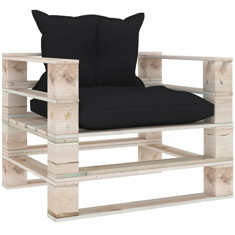 

Sofa de palets para jardin con cojines negros de madera de pino