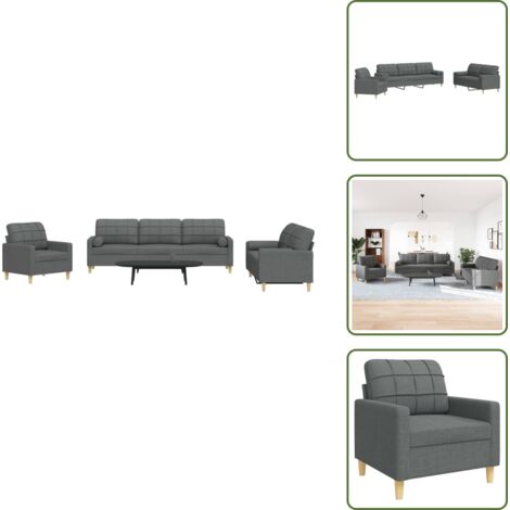 Sofá de tela - vidaXL Juego de sofás con cojines 3 piezas tela gris oscuro - Sofá de 3 plazas
