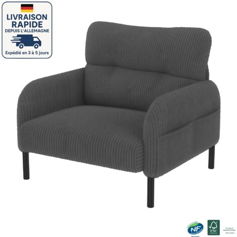 Sofá de terciopelo - Profundidad de asiento cómoda - Bolsillos laterales a cada lado de los reposabrazos - Construcción sólida - Estilo escandinavo - Madera con certificación PEFC - 1 plaza - Gris