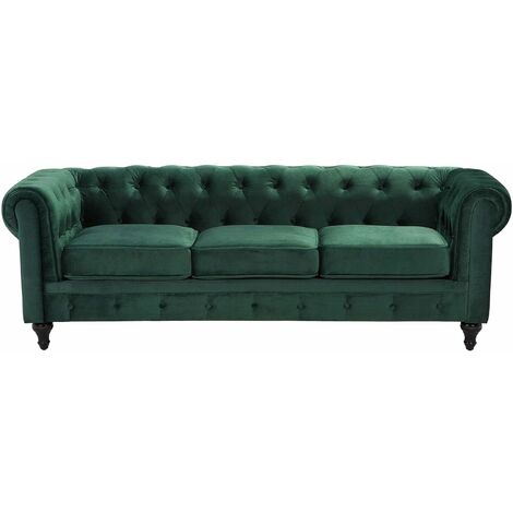 Sofa Dunkelgrün Samtstoff 3-Sitzer Chesterfield Stil Glamourös Wohnzimmer