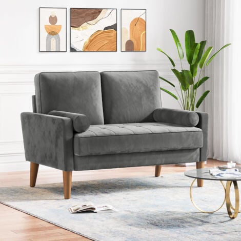 YOLEO Sofá escandinavo de dos plazas, mini sofá de dos plazas con brazos enrollados en terciopelo, sillón de salón con reposabrazos, 121 x 77 x 87 cm - Gris