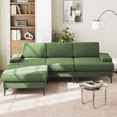 NECHE Sofá esquinero de 3 plazas en forma de L con reposapiés,moderno sofá cama de chenilla,244 x 146 x 83 cm,verde,derecha