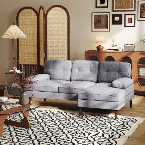 Sofá Esquinero de 3 Plazas Tapizado en Chenilla en Forma de L con Patas de Madera y Reposabrazos 215x142x88 cm Gris