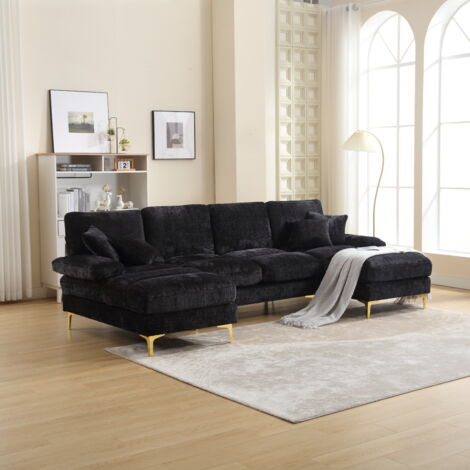 Sofá esquinero de 4 plazas en forma de U moderno sofá grande de chenilla con dos sillones reclinables ajustables color negro