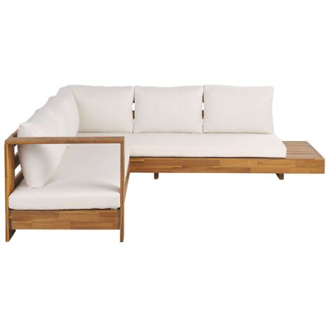 Sofá esquinero de exterior derecho conjunto mesa auxiliar de madera de acacia certificada blanco Marettimo