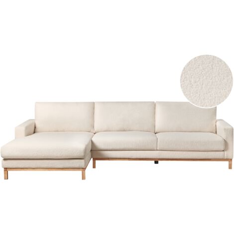 Sofá esquinero elegante patas de madera tapizado de bouclé blanco derecho Siggard