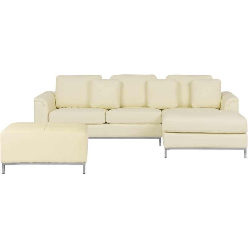 

Sofá esquinero en piel beige con reposapiés izquierdo OSLO