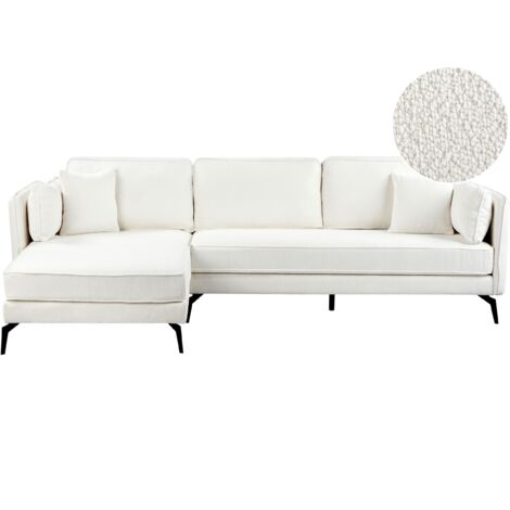 Sofá esquinero moderno tapizado bouclé derecho con respaldo de almohada y cojines blanco crema Altan