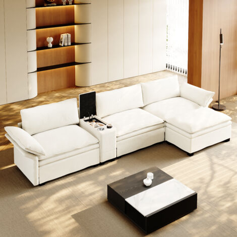 Sofá esquinero modular de 315 cm con otomana móvil, carga inalámbrica, altavoces Bluetooth, chenilla beige.