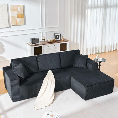 Sofá esquinero modular en L, 235x128 cm, 2 plazas con chaise longue, tejido de pana, 2 cojines - negro - Orientado a la derecha