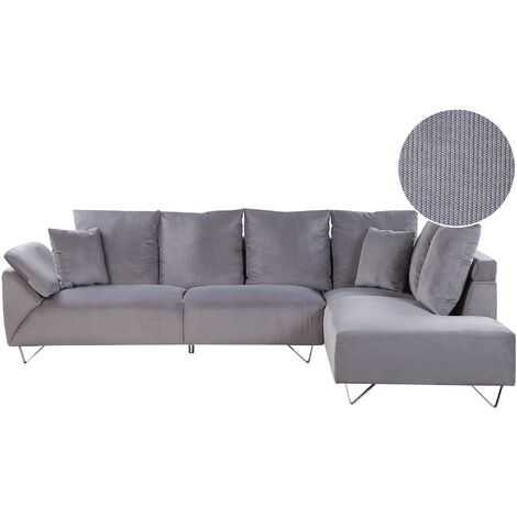 Sofá esquinero tapizado en pana gris 266 x 181 cm cojines adicionales patas cromadas Lunner
