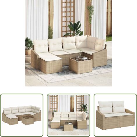Sofá exterior -  Conjunto de Comedor de Jardín con cojín 7 pcs Beige y Crema