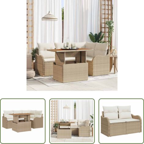Sofá exterior -  Conjunto de sofá de jardín 5 pcs Beige Poliratán