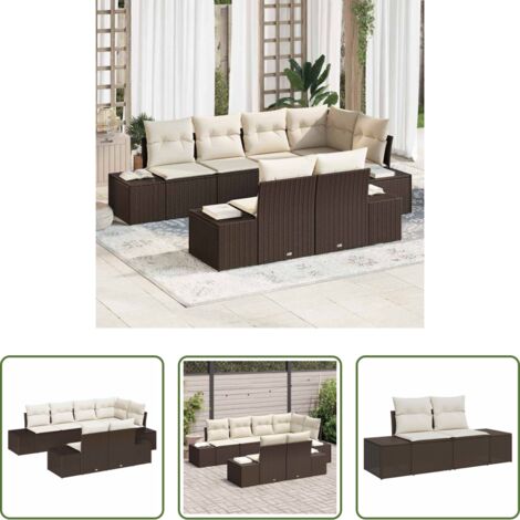Sofá exterior -  Conjunto de sofá de jardín 7 pcs Marrón y crema Poliratán