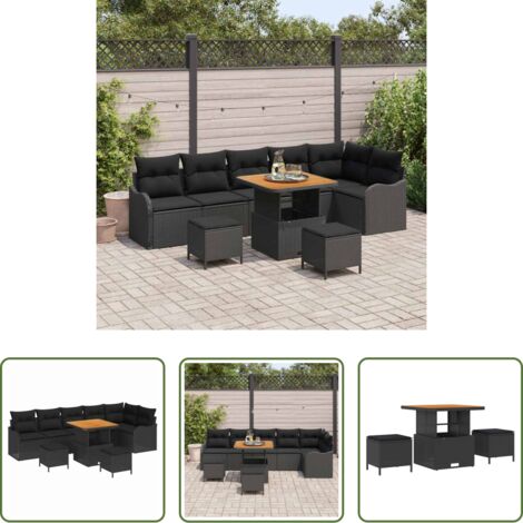 Sofá exterior -  Conjunto de sofá de jardín con cojín con almohada 9 pcs Negro