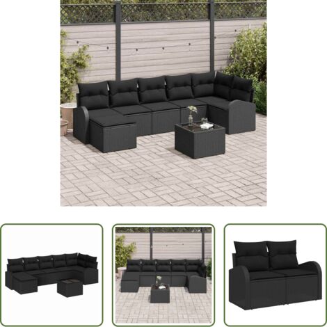 Sofá exterior -  Juego de Sofá con cojín 8 pcs Negro ratán sintético