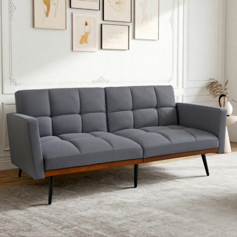 Sofá futón estilo mid century de lino respaldo 5 posiciones brazos fijos patas metálicas color gris