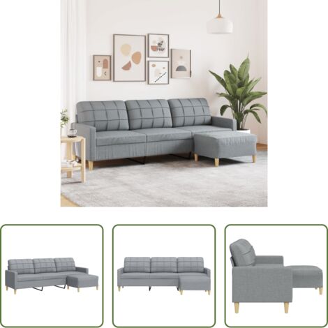 Sofá gris claro -  Sofá de 3 plazas con taburete de tela gris claro 210 cm