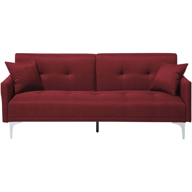 Beliani 3-sitzer Schlafsofa Dunkelrot Stoffbezug Gesteppt Mit Silbernen Metallbeinen 2 Kissen Retro Klappsofa Wohnzimmer Sofa Mit Schlaffunktion