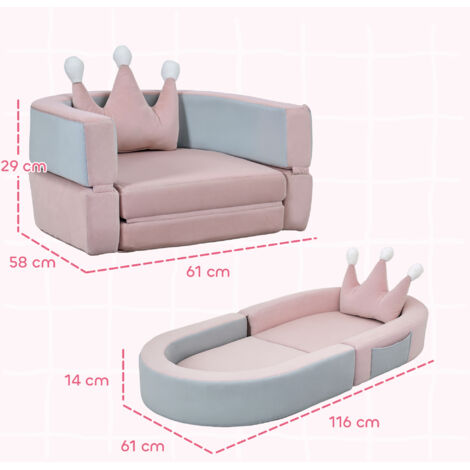 Sofá Infantil Convertible en Cama y Zona de Juego con Cojín de Corona 116x61x14 cm Rosa y Azul Grisáceo