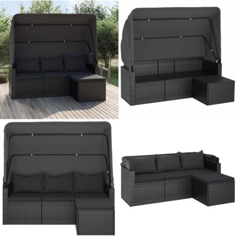 Sofá jardin 3 plazas con toldo y taburete ratán sintético negro - Sofá de 3 plazas - Toldo plegable